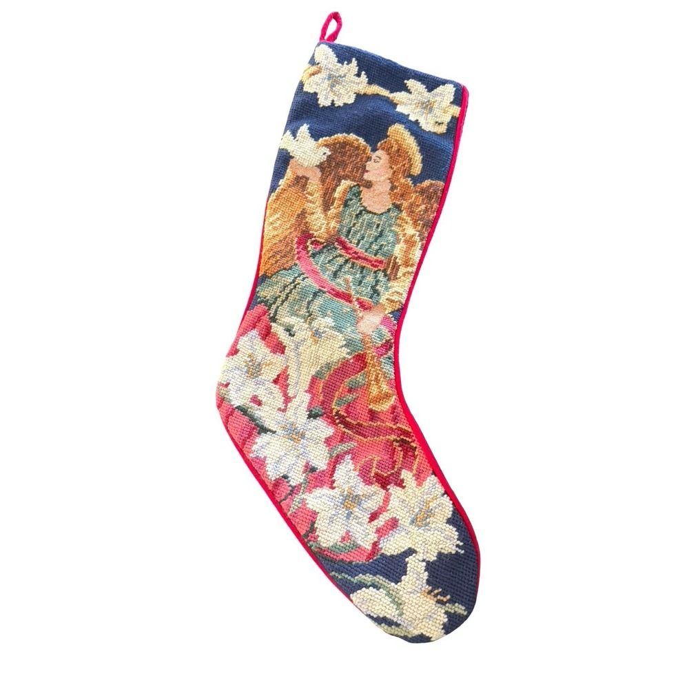 Vintage Needlepoint Angel Dove Christmas Stocking Velvet Back Lined